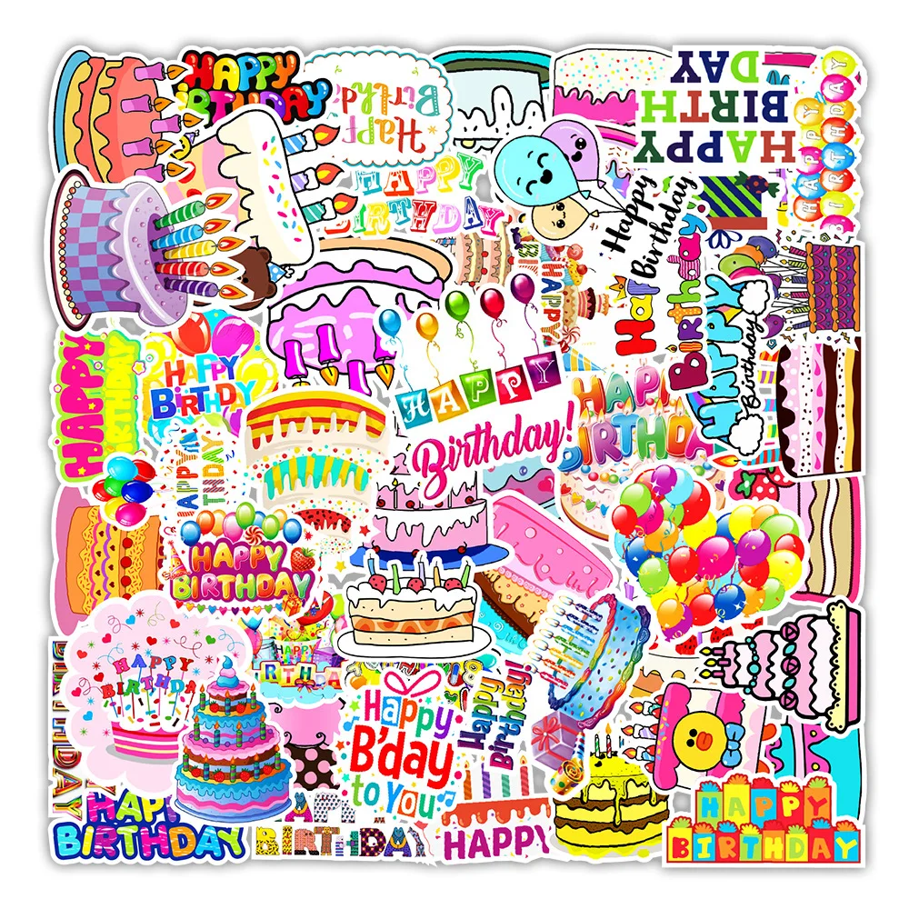 50Pcs Happy Birthday Cartoon Graffiti Stickers For Kid Gift Wall Laptop Bottle Decor Waterproof Balloon Sticker