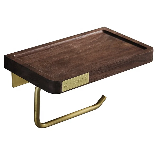 MC005-B1 Wall Mounted Imported Walnut Brushed Gold finishing Wooden toilet Tissue Paper Holder with shelf