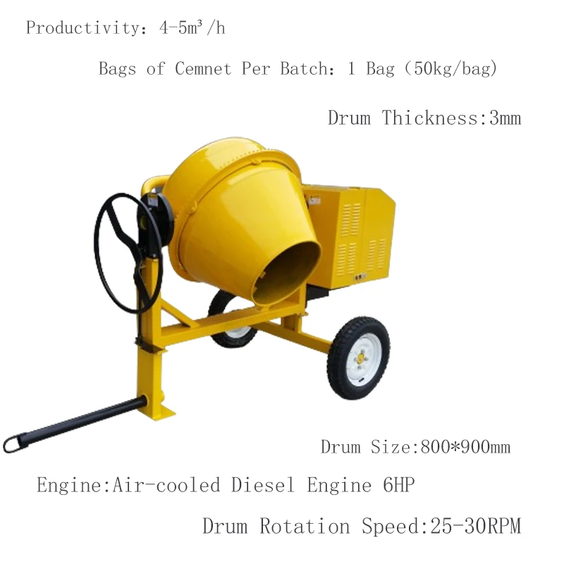 350L Self-Loading Concrete Mixer with 2 Wheels, Mounted and Self-Discharging Capability for Efficient Mixing and Transport.