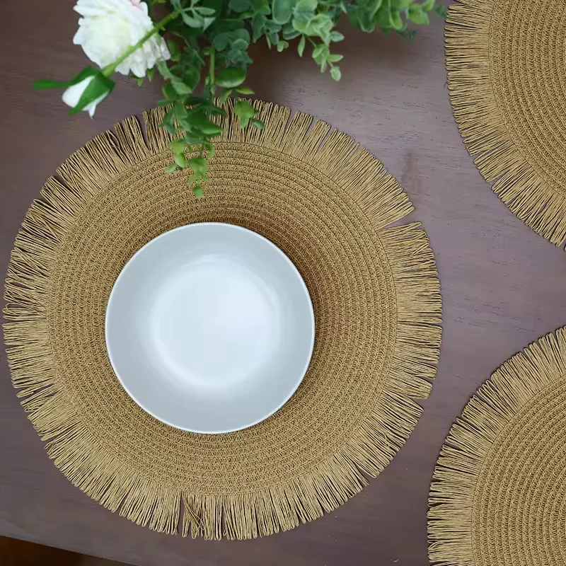 Tabletex Custom Wholesale Table Round Woven Rattan Placemat for Dining Table Paper Bohemian Woven Placemat in stock