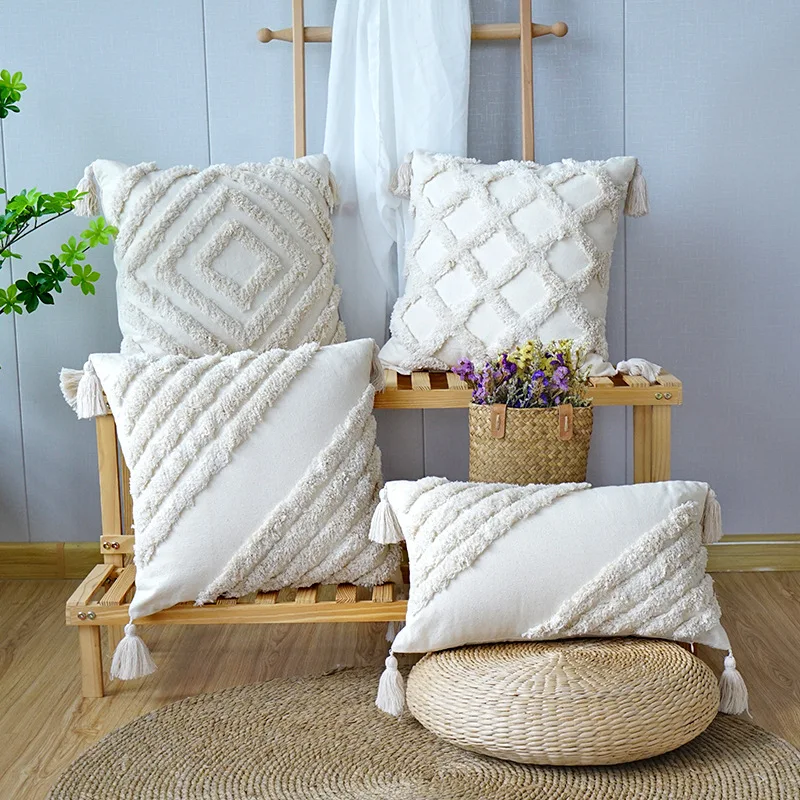 Innermor boho home decoration White ivory Cream Striped cotton nubby embroidery Morocco Indian Hand made tufted