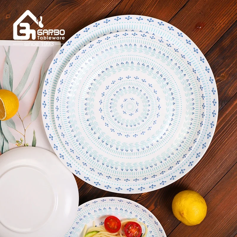 Cheap opal glassware dinner set custom 12inch opal plates set with bohemian style decal for Christmas and Wedding Festival Gift