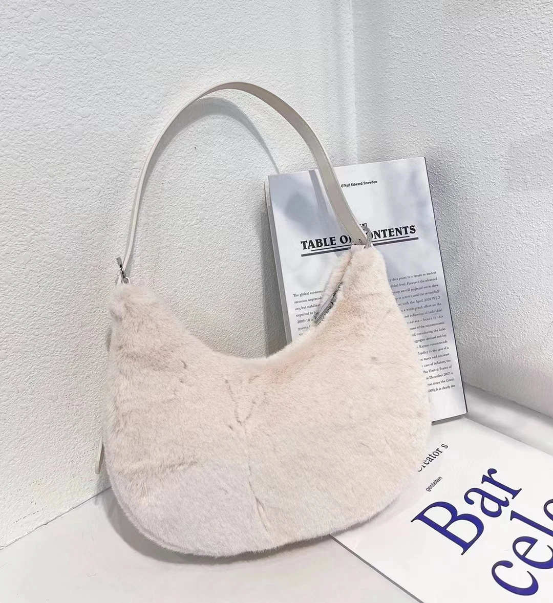 Lunar Moon Shaped Faux Fur Handbag Underarm Shoulder Bags