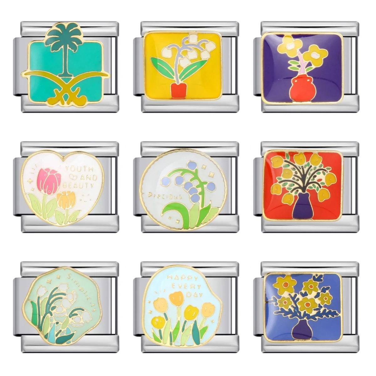 New Fashion New Style Colorful Flowers Italian Charm Link Stainless Steel Customized DIY Italian Charm Bracelet Italian Charms