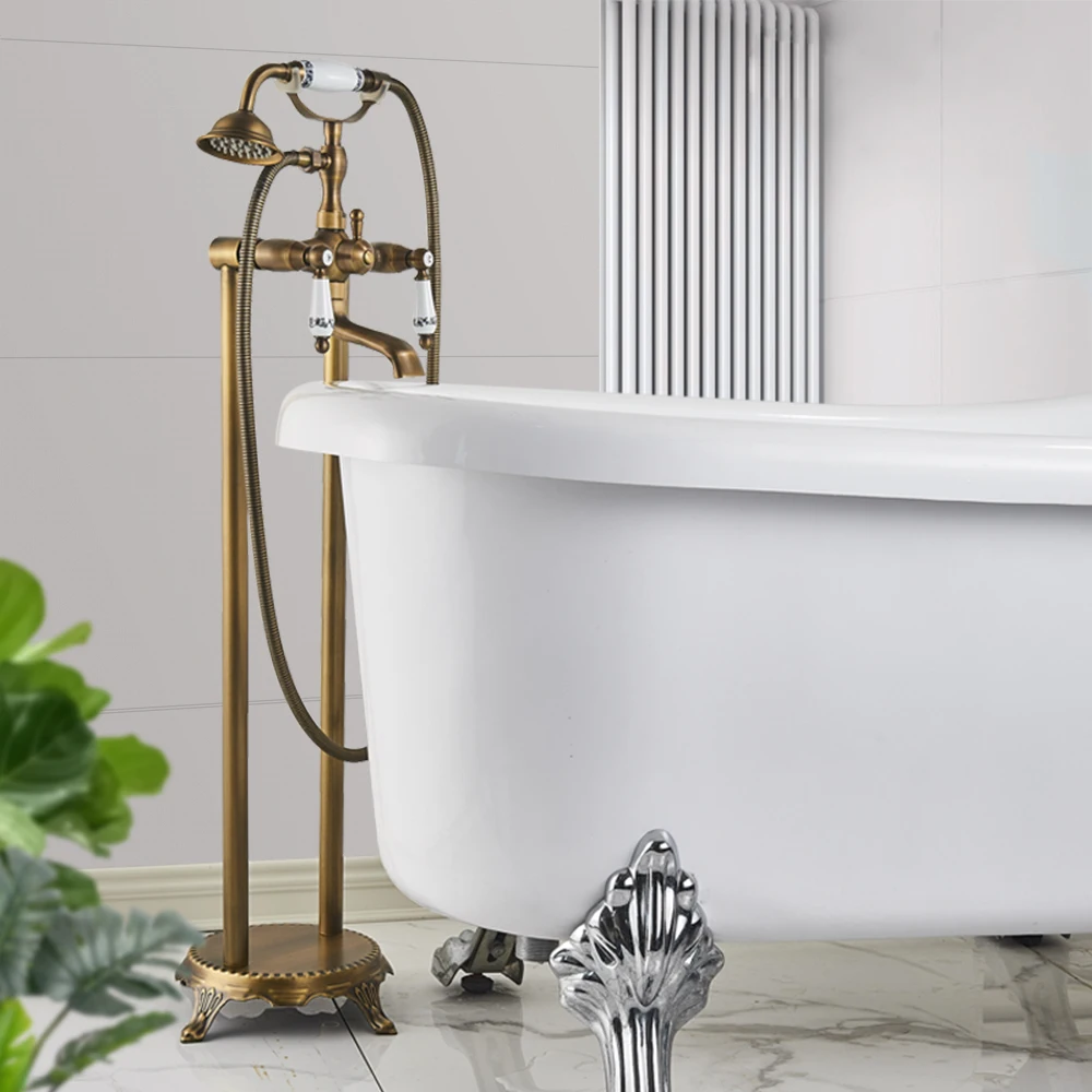 
Bathroom Floor Standing Faucet Antique Brass Dual Handle Shower Mixer For Bathroom Bathtub Shower Faucet Shower Mixer 