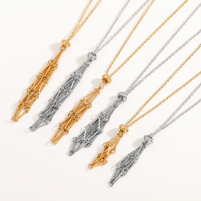 Wholesale stainless steel mesh chain necklace Silver/gold string bag necklace Natural crystal mesh bamboo necklace