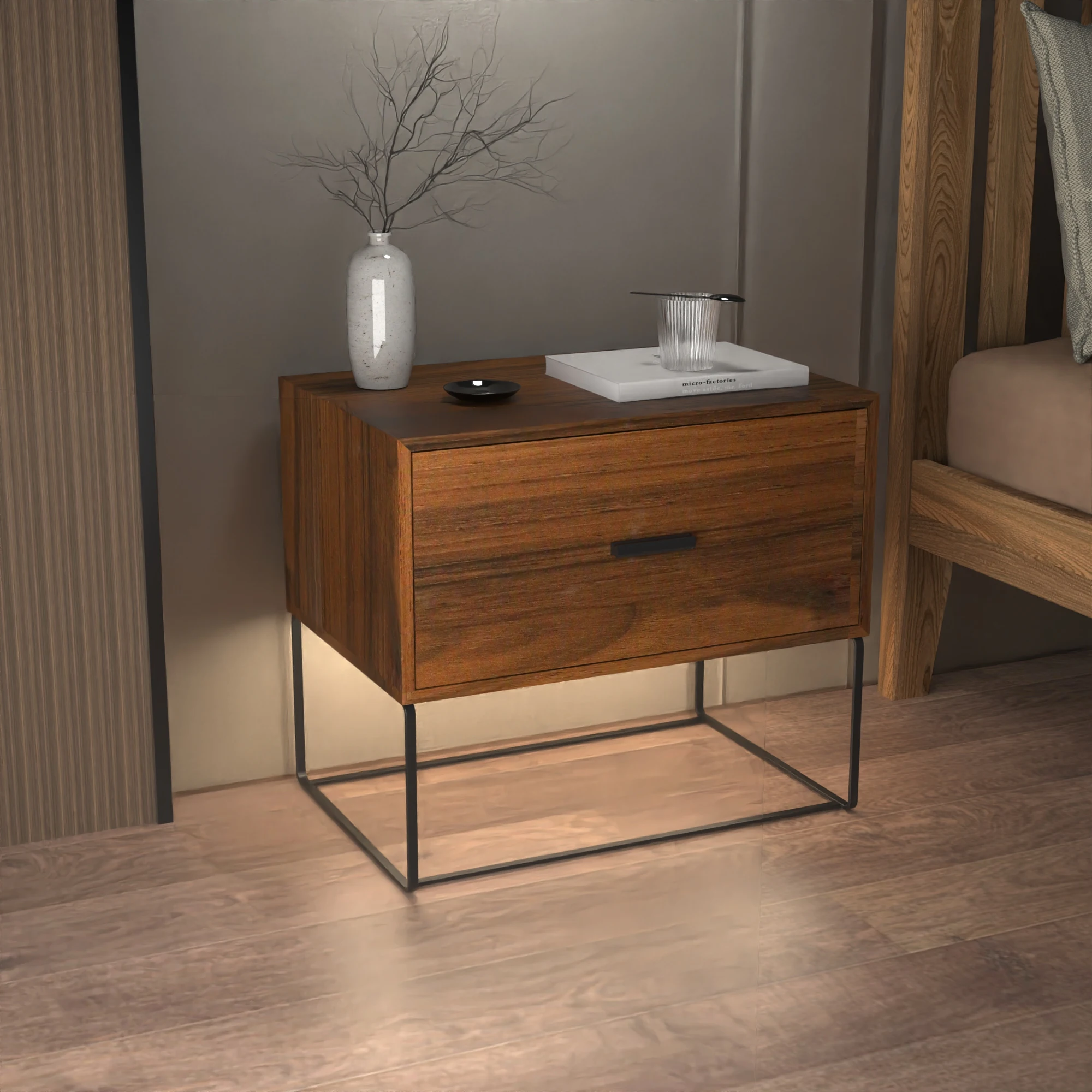 Custom wooden bedroom furniture bedside cabinet walnut nightstand bedside table with led lights