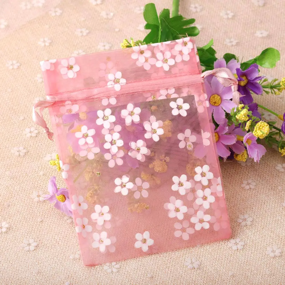 17*23cm High Quality Aromatic Perfume Sweet Flowers Print Organza Drawstring Pouch