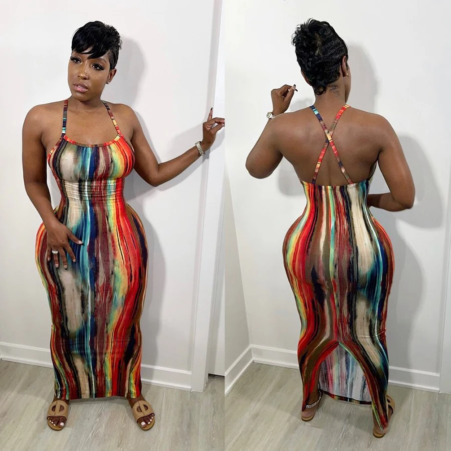 K21D02555 2021 New arrivals spring women clothing casual dresses elegant off shoulder colorful printed stripe bodycon dress