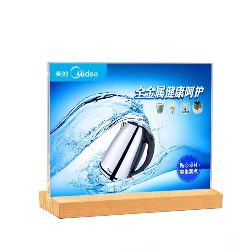 Horizontal T-shaped table card inserted into acrylic PS wooden shop advertising sign wooden display stand