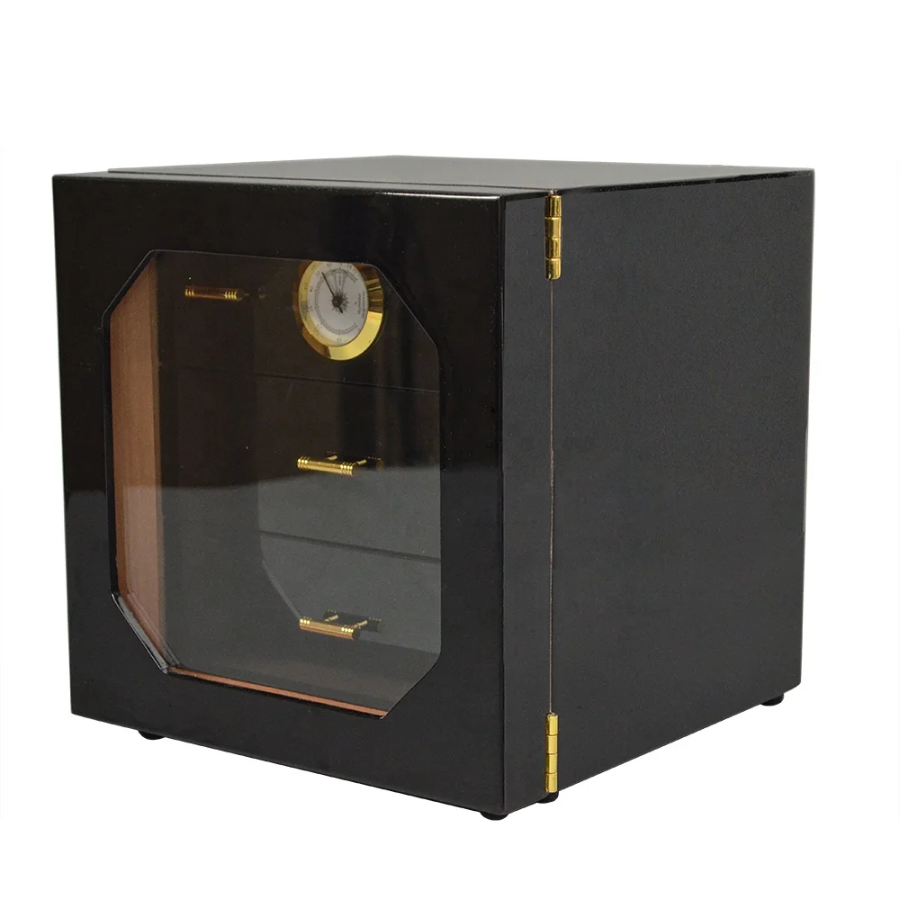 Handmade Cigar Humidor Cabinet with Digital Hygrometer and Humidifier, Black Polished Piano Cedar Cigar Box with 3 Cedar Trays