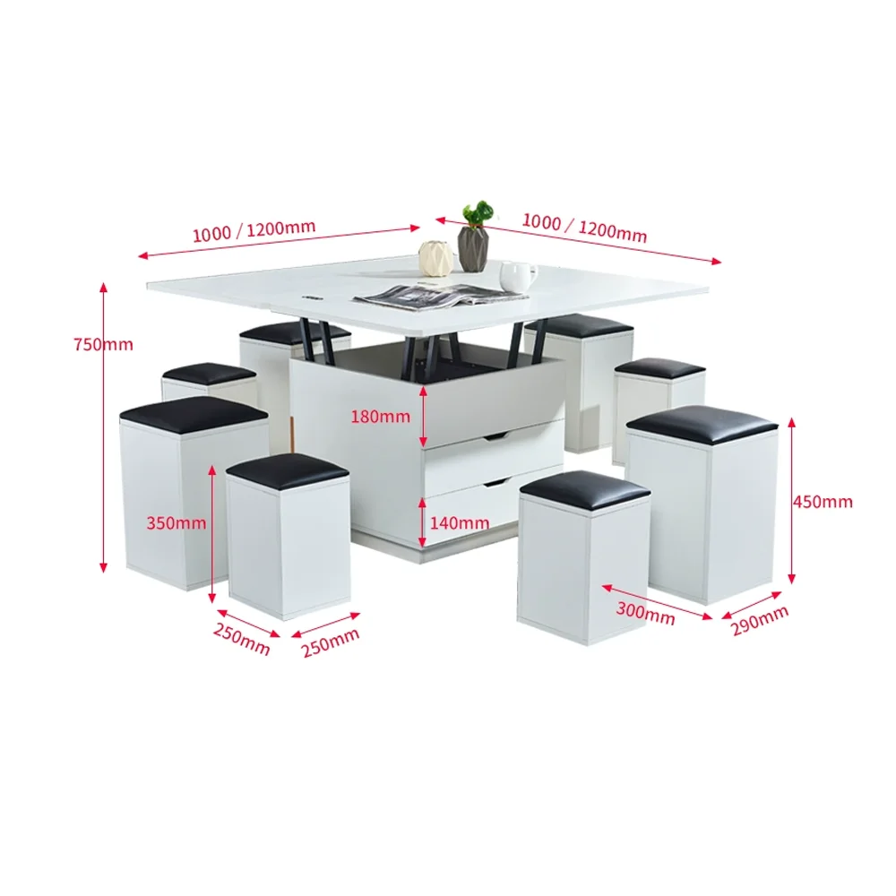 Custom Modern Multifunction Furniture Folding Expanding Coffee Table Dining Table Tempered Glass with 4 Stools Dining Room Sets