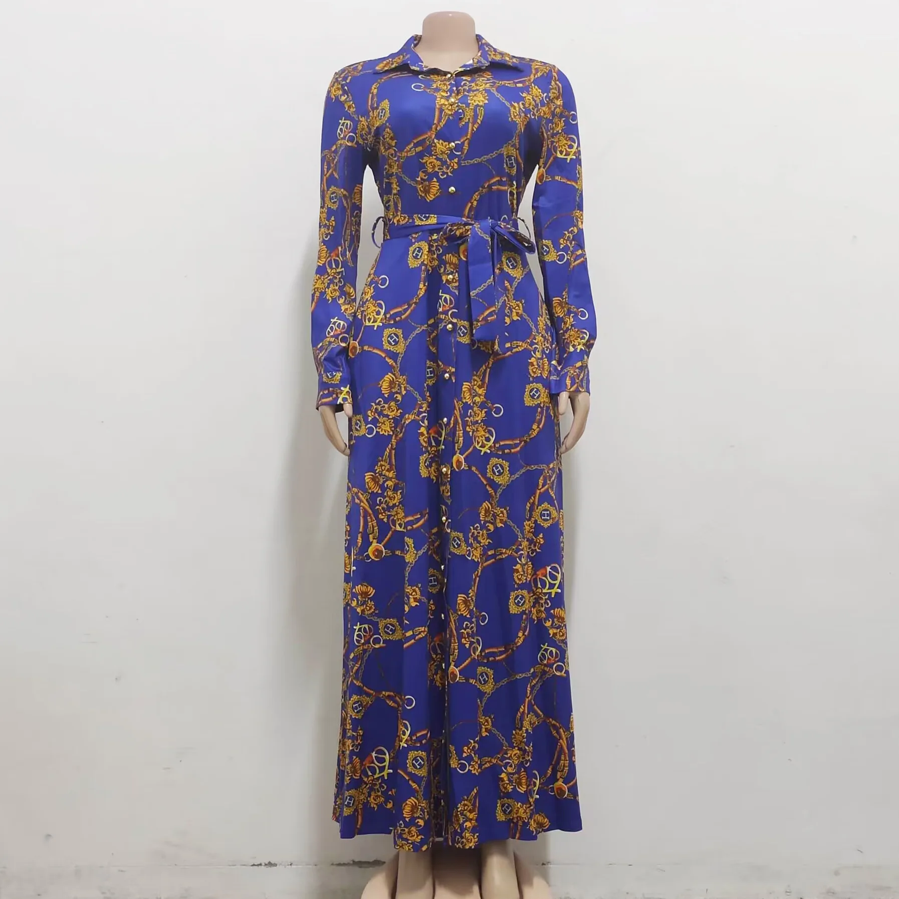 Latest Design Middle East Muslim Dress Indonesia Vintage Print Large Swing Skirt Shirt Dress Elegant Casual Dresses