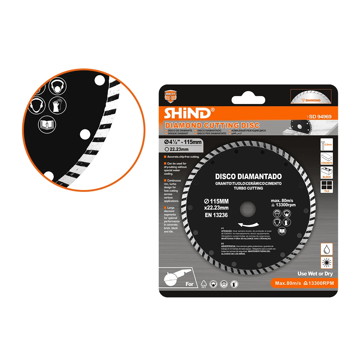 SHIND 94969 Utility Diamond Cutting Disc 115mm /4.5in *22.23mm Use Dry Or Wet Segmented Blade For Concrete Brick Block And Tile