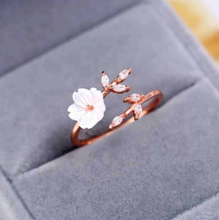 Ladies Rose Gold Color Bague Fleur Delicate Zircon Crystal Shell Flower Leaf Rings For Women Girls