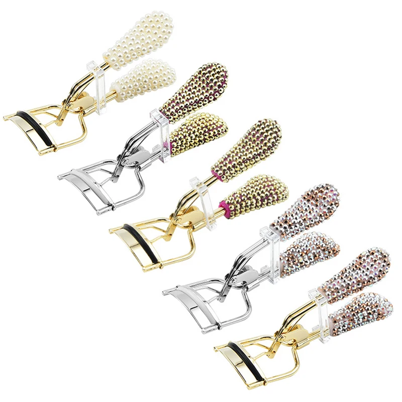 Wholesale unique custom eyelash curler applicator logo black/pink and gold bling rhinestone metal eyelash curler with comb