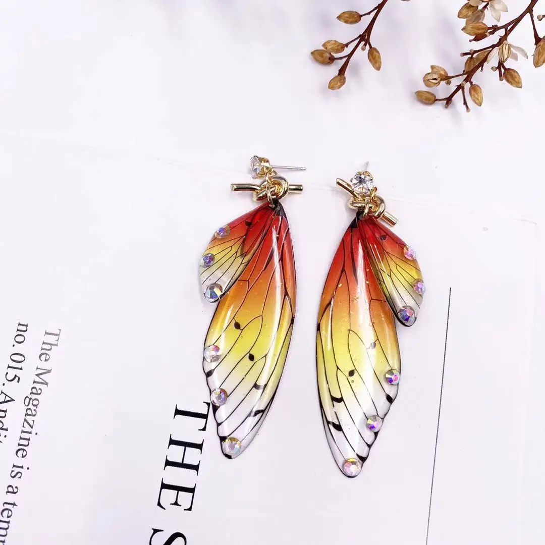 S925 needle crystal personality butterfly cicada wings gradient color fresh Earrings