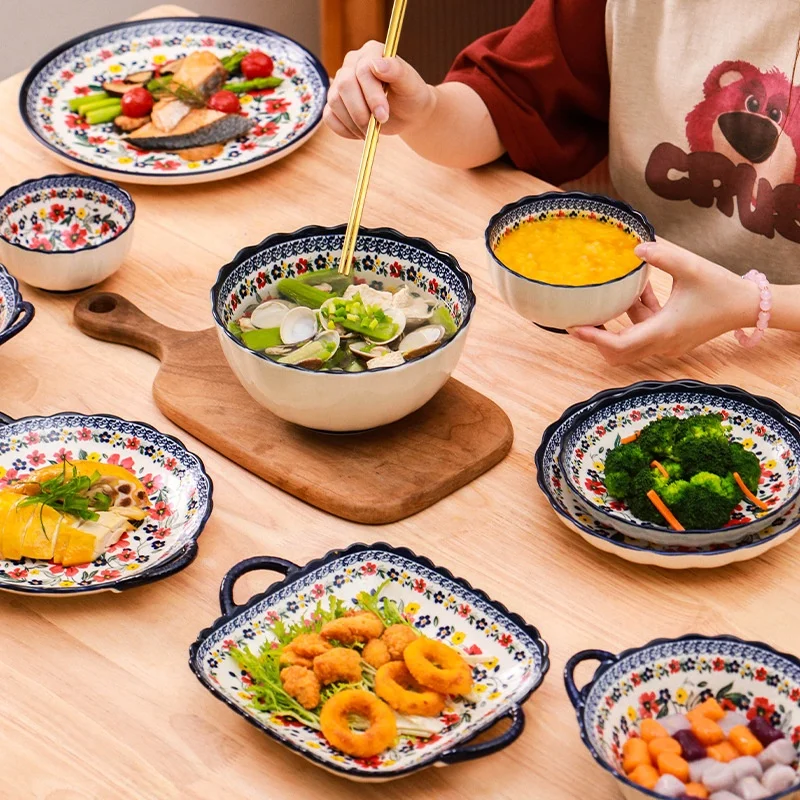 colorful flowers Dinnerware Set Bohemia Style Ceramic Cutlery with Foam  Hand-painted Exquisite Creative Household Tableware