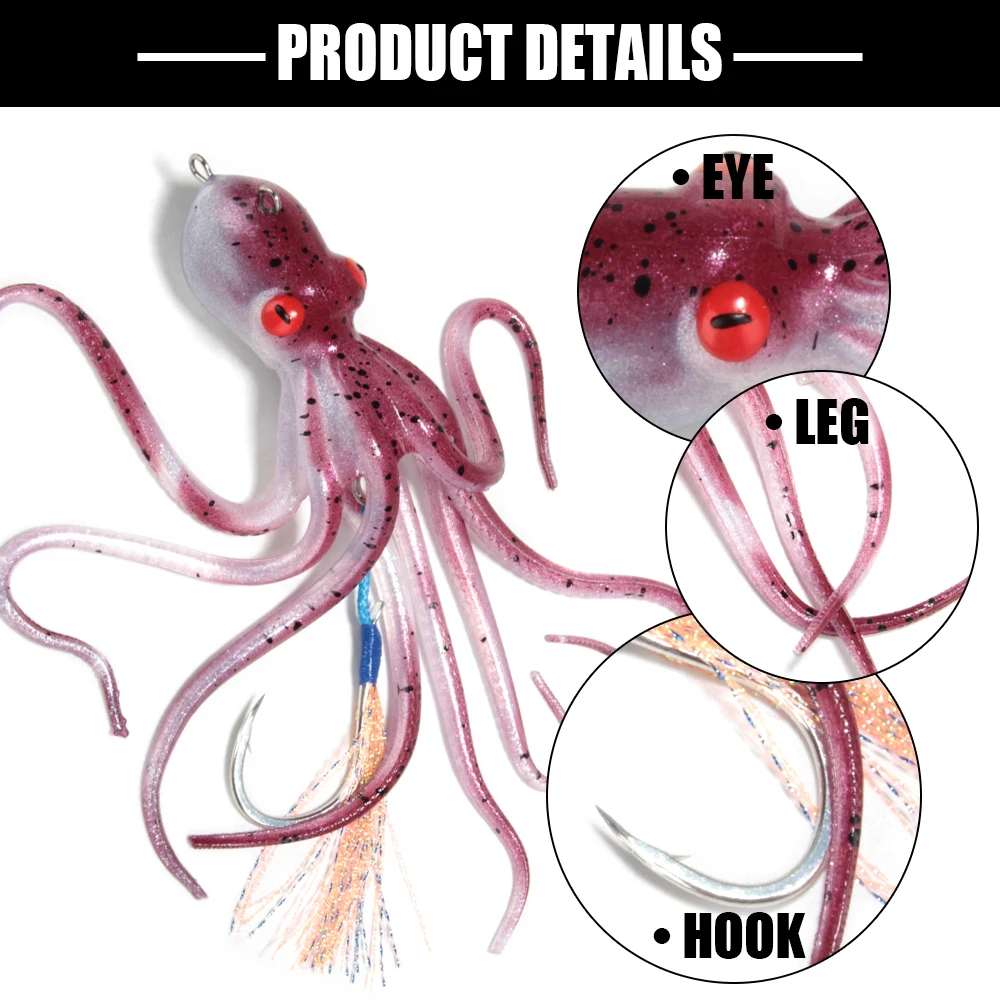 110g/150g/200g Spinpoler 3D Octopus Fishing Lure Artificial Saltwater Long Tail Squid Skirt Lure TPE Soft UV/Glow Octopus Bait