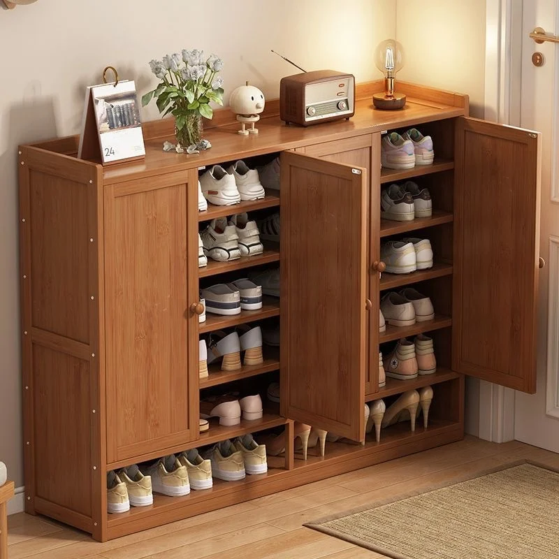 Natural shoe cabinet with PE rattan decorative door, solid wood feet for hallway entrance living room