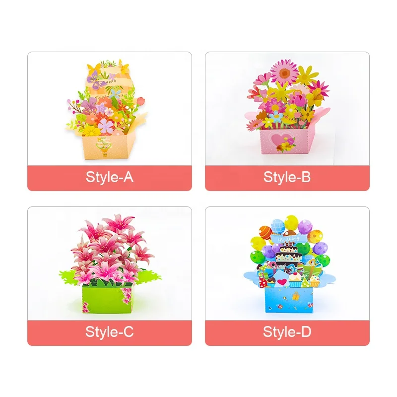Customized High Quality Pink 3D Pop Up Paper Flower Basket Bouquet Birthday Anniversary Lovers Day Valentines Day Greeting Card