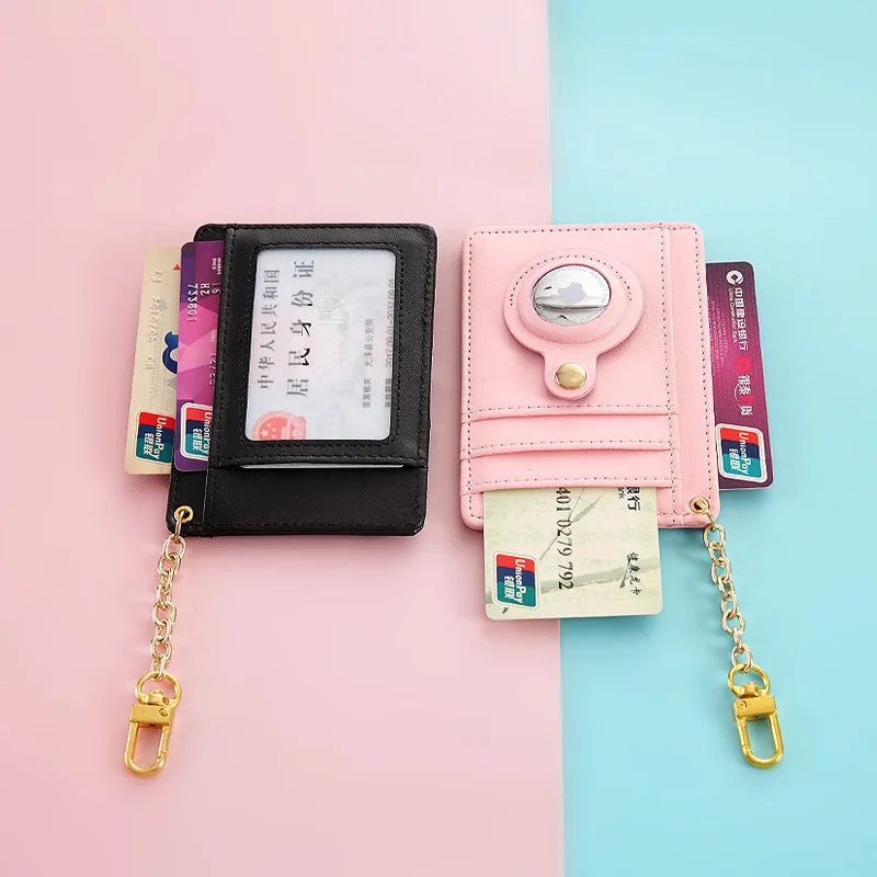 Hot selling  with key chain Airtag tracker protective sleeve PU leather card wallet slim with ID card clip card holder
