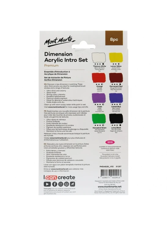 
Mont Marte 3d acrylic paint Set 8pce x 18ml 