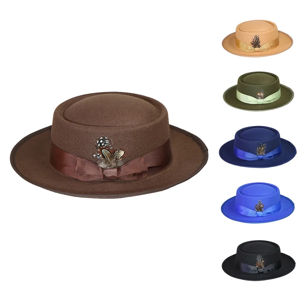 Custom logo luxury wool bowler unisex designer womens men pork pie flat boater fedora felt hat cap manufacture with feather