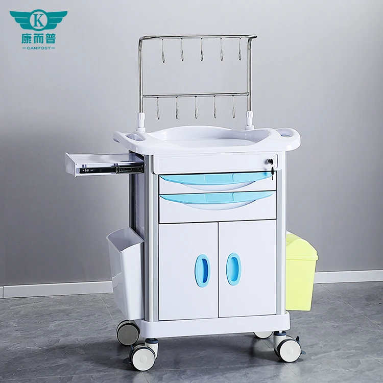 High quality Hospital Emergency ABS infusion trolley Retractable double row infusion rack with drawer and space cabinet