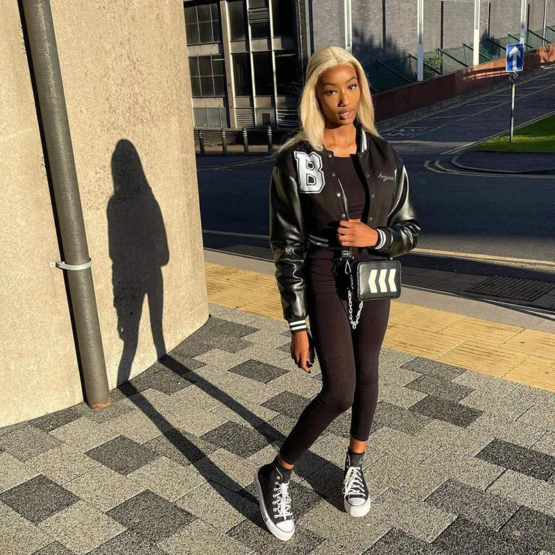 CA2439A Winter 2022 Women Fashion Colorblock Leather Sleeve Baseball Uniform Short Jacket Trending Autumn Ladies Cropped Coat