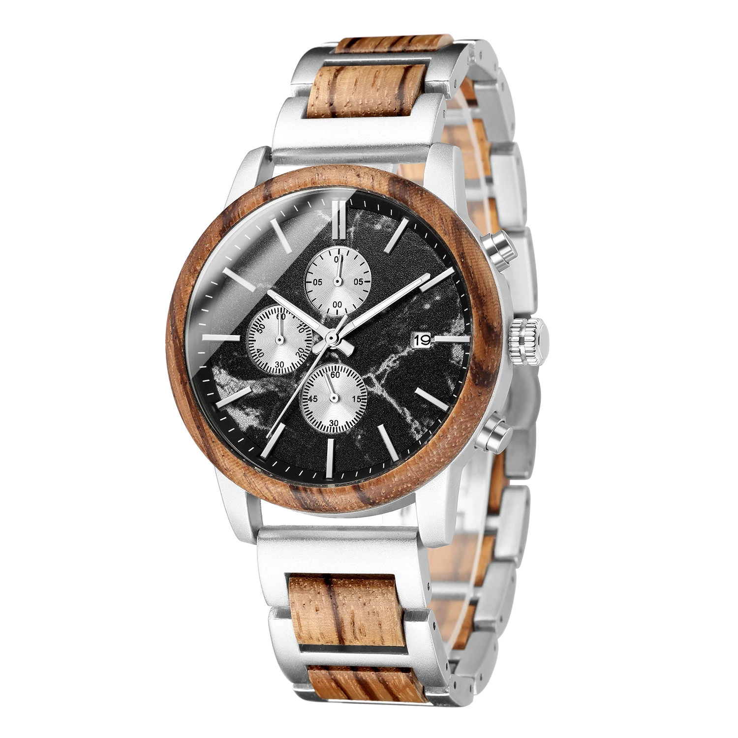 High Quality Men Natural Wooden Clock Multi-functional Handmade Wood and Stainless Steel Combined Quartz Wrist Watch