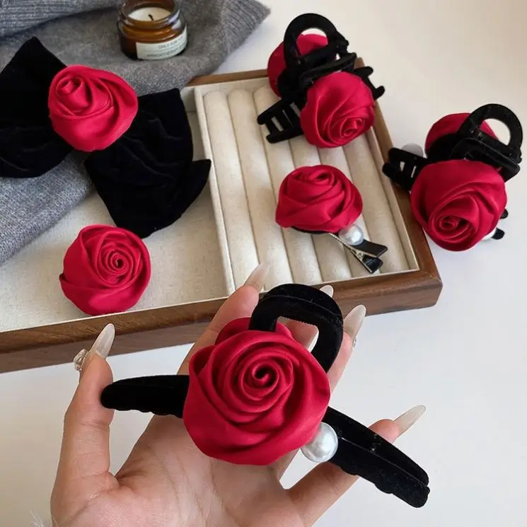 Top sale Korean fashion red rose flower velvet hair claw clips women flocking hair clips