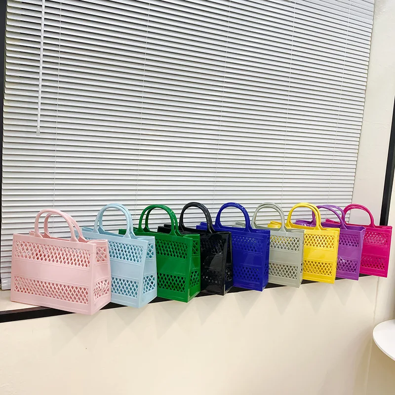 Summer Candy Color Cute  Jelly Shopping Handbag  PVC Storage Beach Tote Basket Bag for women