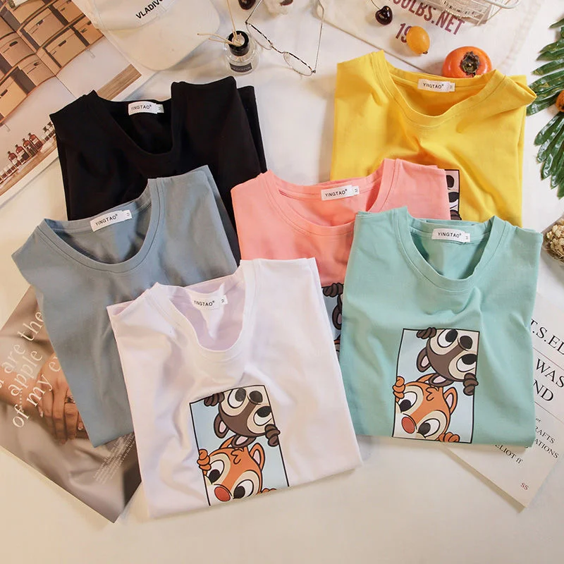 100% Cotton Short Sleeve T-Shirt women 2023 new summer Korean ins personalized print versatile loose white top