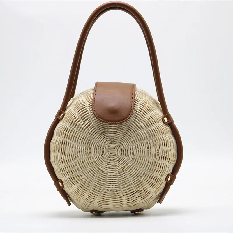 Fashion Trend Circle Round Leather Handle Straw Rattan Women Bags Rafia Handbag for Summer Women