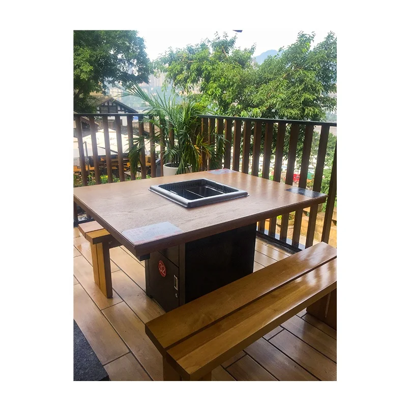 Hot Pot Table Smokeless  Stainless Steel Base Wooden Hotpot Tables for 4 People