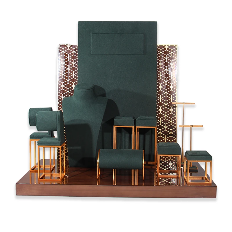 FSD New Design metal luxury jewelry display set microfiber bust and stand with base and background for Window cabinet showcase