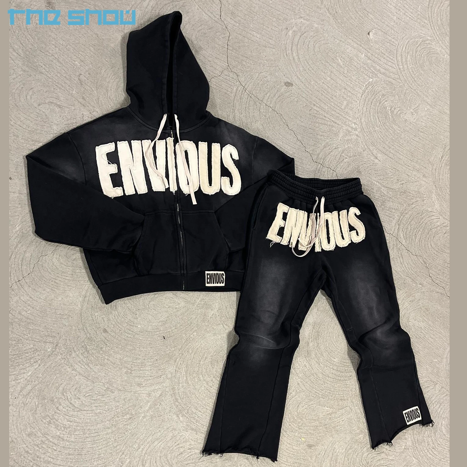 Custom  French Terry Sweatsuit Jogger Sets Tracksuit Distressed Patch Applique Raw Hem Flared Sweatpants And Hoodie Set For Men