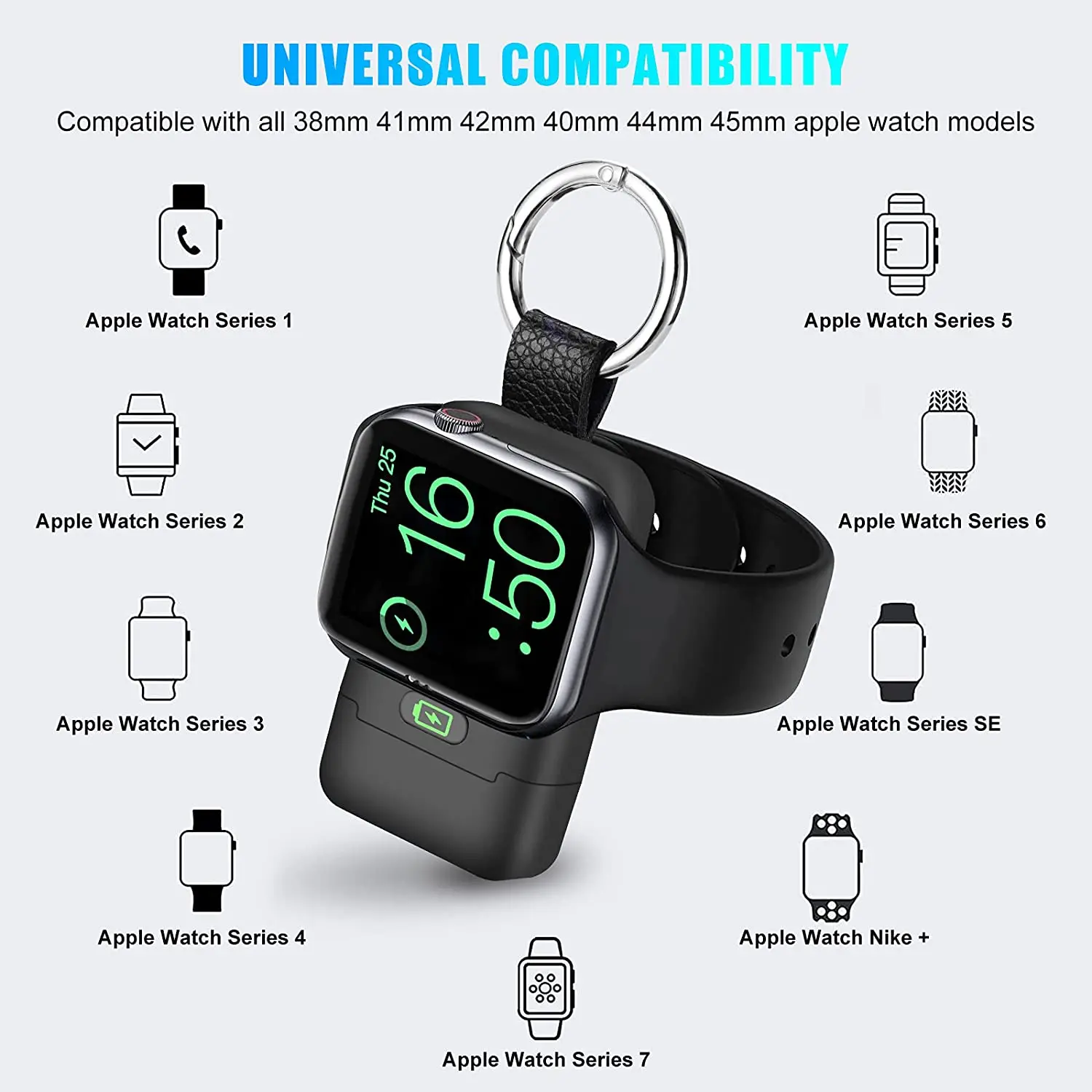Portable Magnetic Wireless Charger Power Bank Type-C 1400mAh with Keychain for iWatch Series 7/6/SE/5/4/3/2/1/Nike+ (Black)