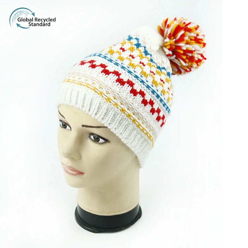 Wholesale fashion custom logo warm colorful 100% polyester RPET jacquard hat for winter