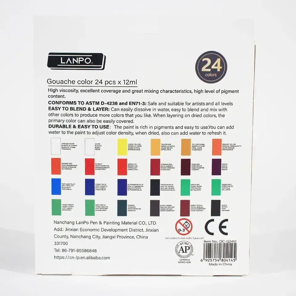 LANPO brand back to school B2S Gouache color paint set of 24x12ml studio activities kit