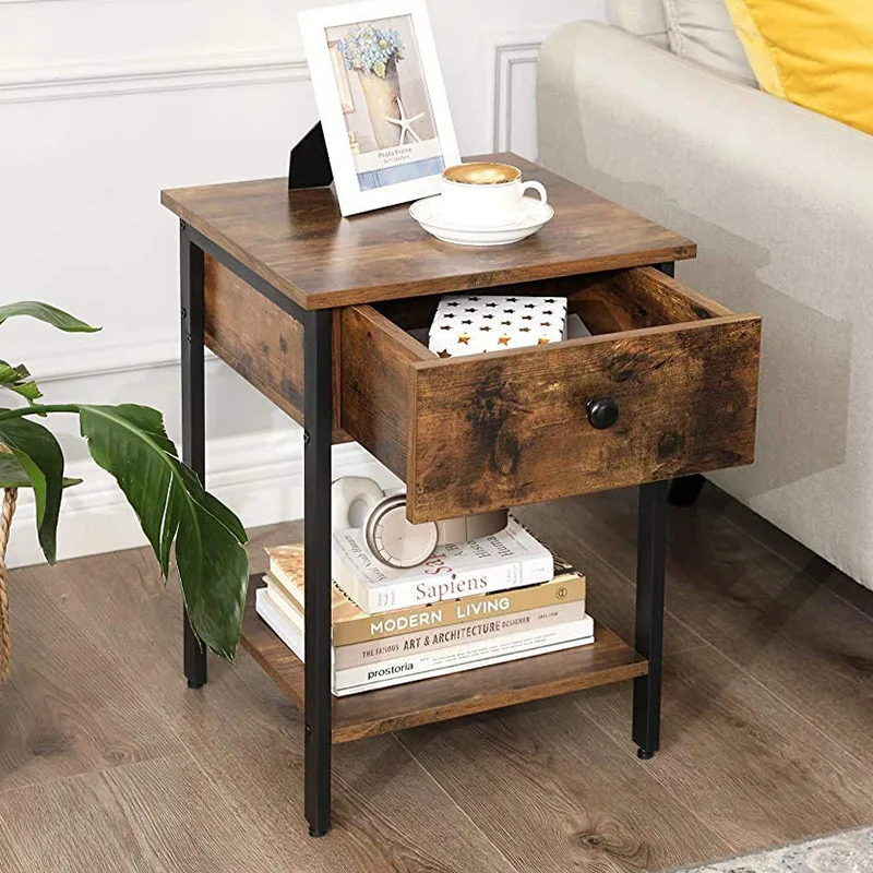 Bedroom Living Room Easy Assembly Metal Industrial Design Nightstand End Table Side Table with Drawer and Shelf
