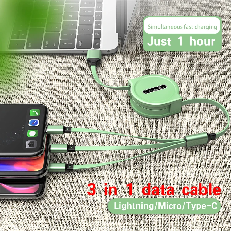 Micro usb charger cable retractable charger 3 in 1 usb data cables 2.4a fast charging cable