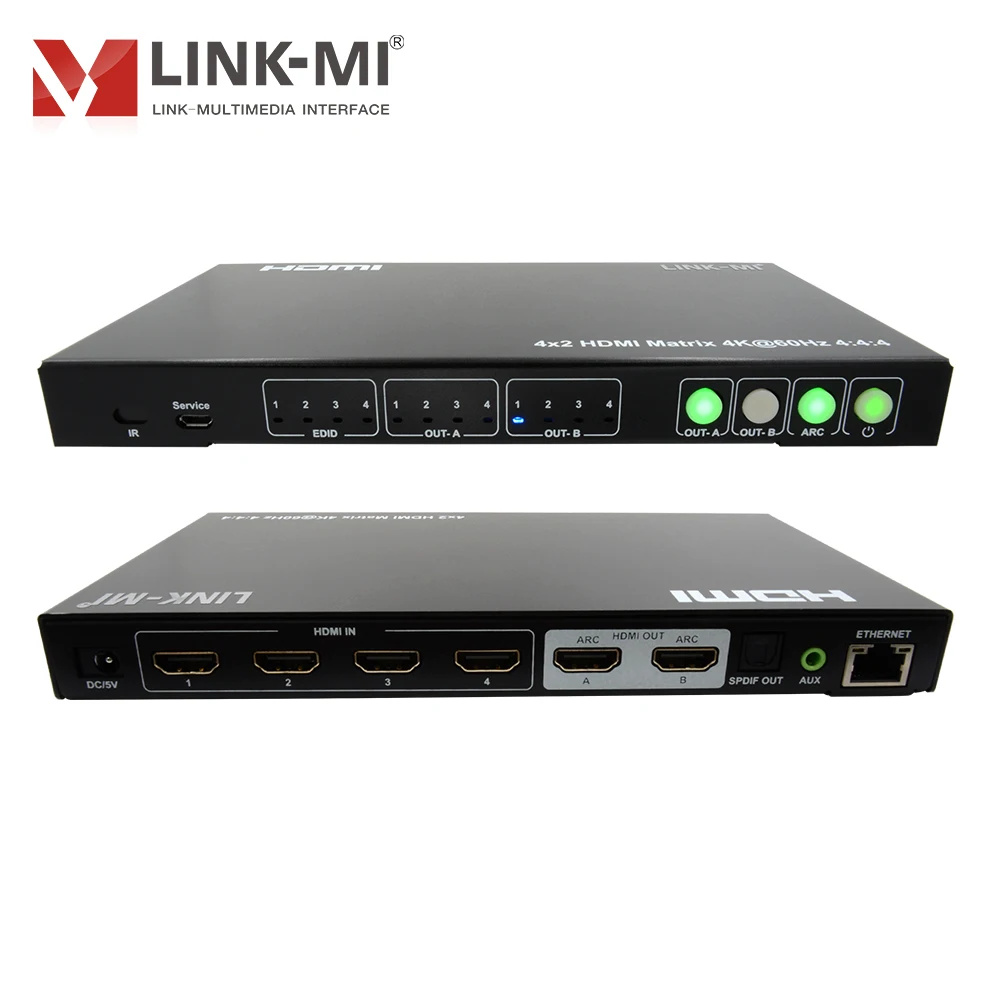 LINK-MI 4x2 HDMI Matrix with Audio Extract Support 4K@60Hz YUV 4:4:4, 18Gbps, 3D, CEC, ARC, EDID, Downscaler, SPDIF/Analog