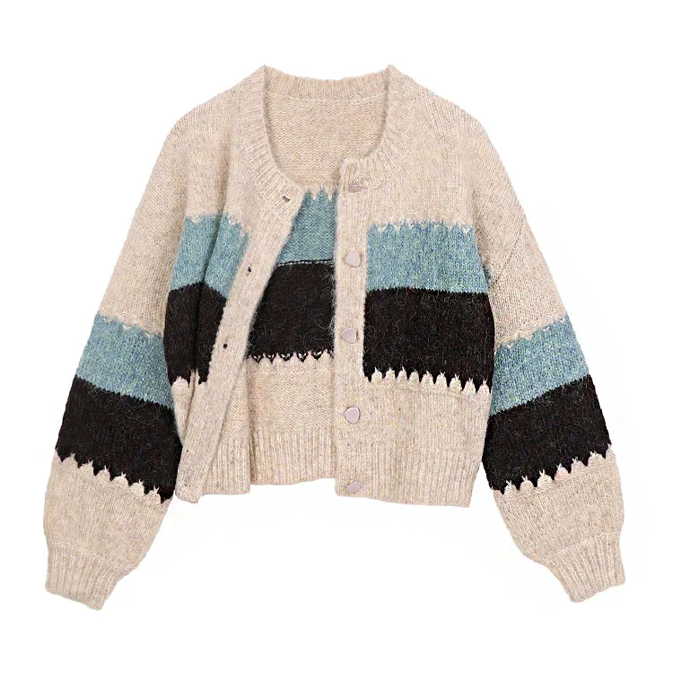 Cardigan woolen knitwear new 2022 autumn spring vintage relaxed lazy contrast color stripe crop short sweater cotton cardigan coat sueter mujer