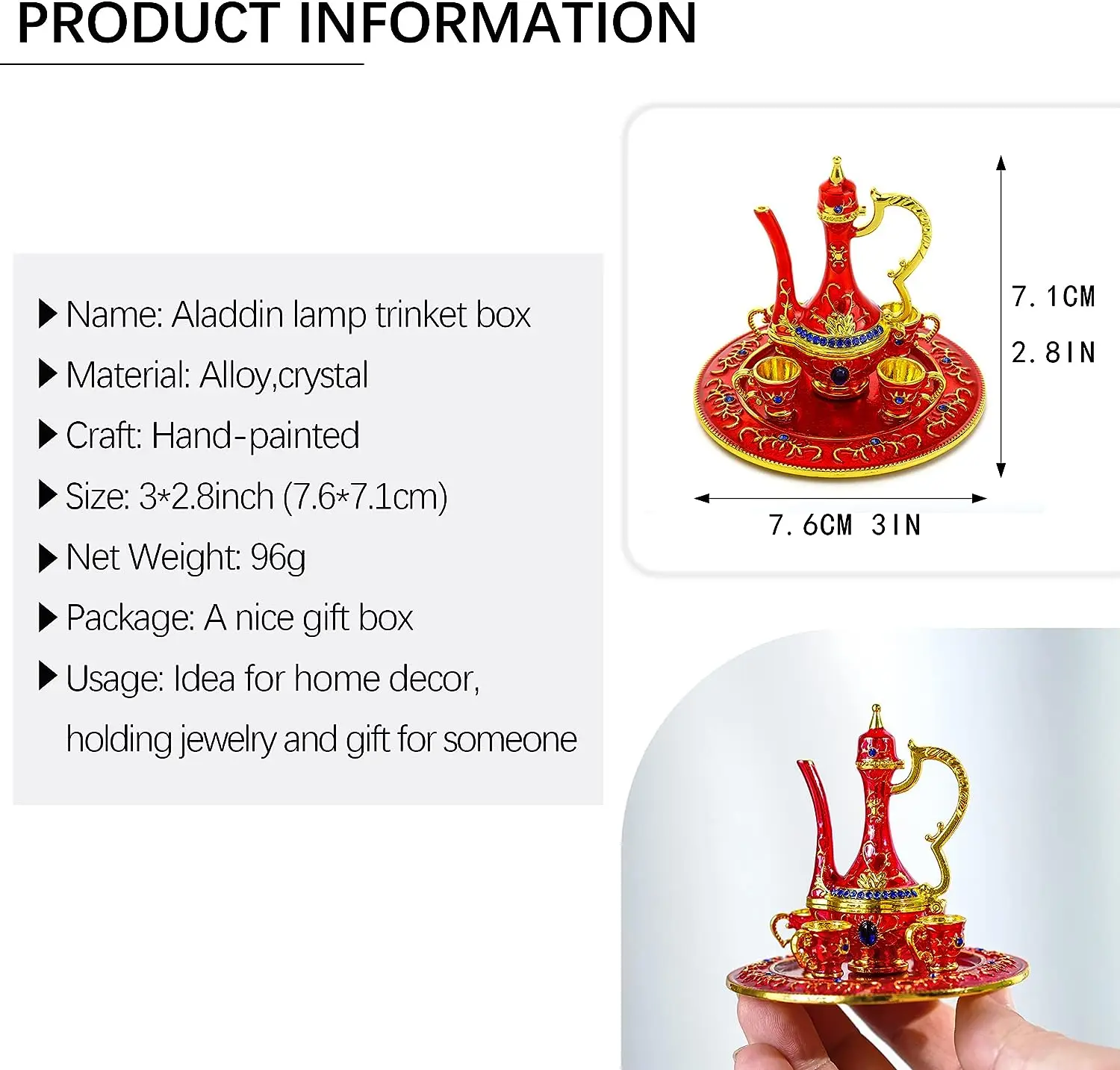 Teapot Jewelry Trinket Box Hinged Hand Painted Enamel Ring Holder for Home Decor Gift,3inch Europe Red Folk Art Modern Gua Tin