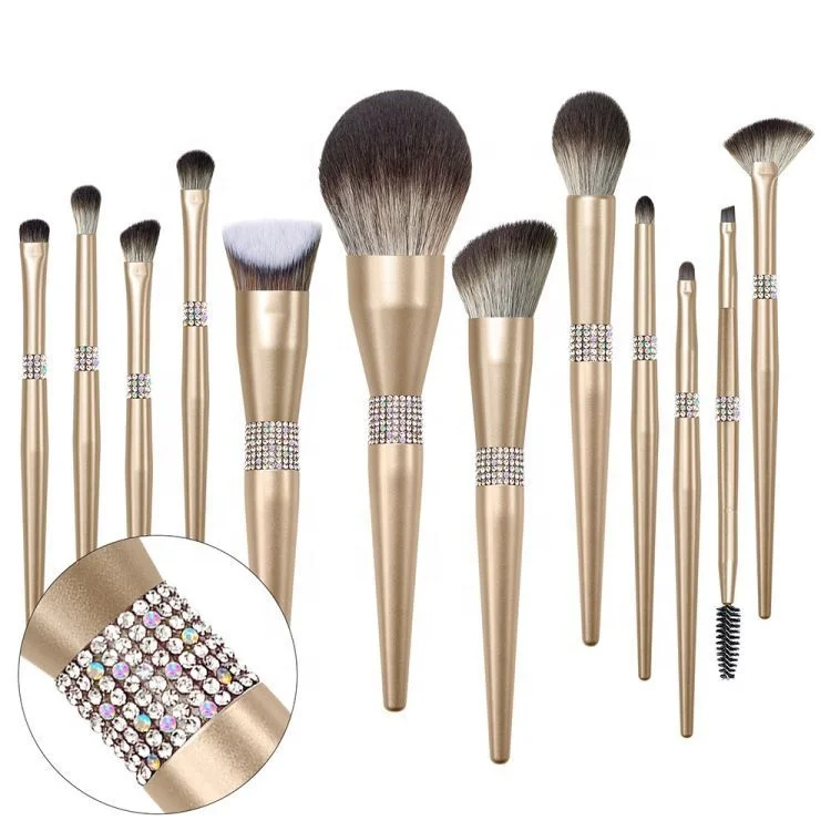 Synthetic Hair Best Free Samples High End Wholesale 12 pcs Diamond Gold Crystal Gift Gold Luxury Bling Makeup Brush Set