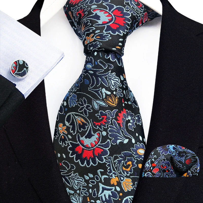 Multi-color Black Design Customized Men Silk Gold Ties Handkerchief and Cuff Links Set