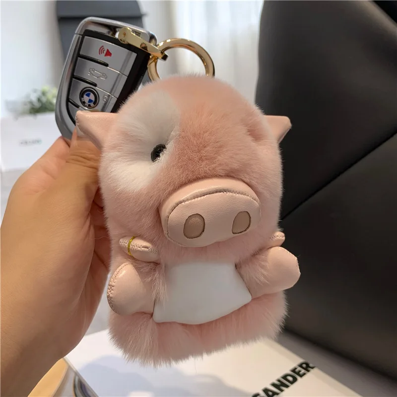 Real Rex Rabbit Fur Pig Car Pendant Plush Toy Cute Pig Bag Pendant Plush Keychain
