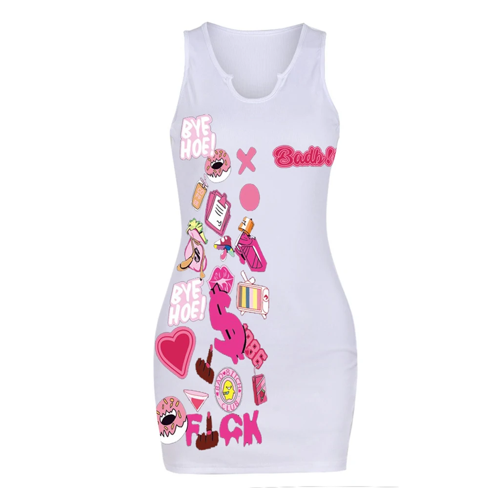 Elegant Summer Dresses for Women 2023 Sleeveless Round Neck Tight Printed Mini Dress Female Club Outfits Dresses